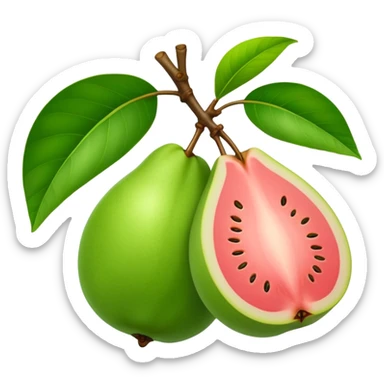 A green guava with a leaf attached sticker