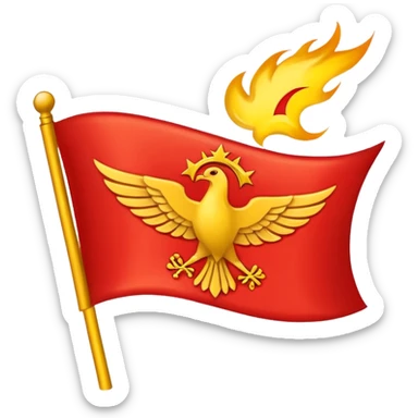 Apple-style emoji of a horizontal rectangle red flag (2:1, not square) with the yellow Syriac nationalist emblem: flame on top, stylized wings, tail with four stars. Flat, simple, bold colors, no shading. sticker
