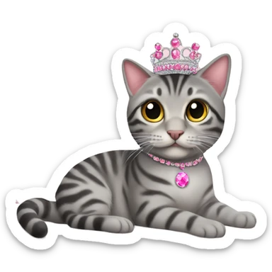 gray tabby sitting on pink pillow wearing pink gem tiara  sticker