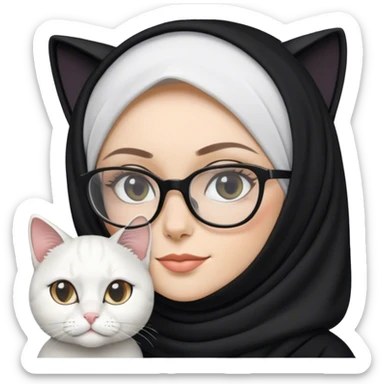 black hijab, white woman wearing glasses, white cat sticker