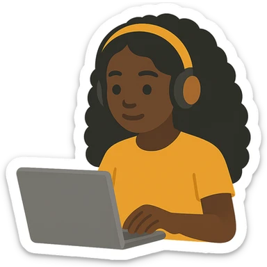 dark skin African American girl, long curly black hair, yellow shirt, headphones, typing at a laptop, flat vector style sticker