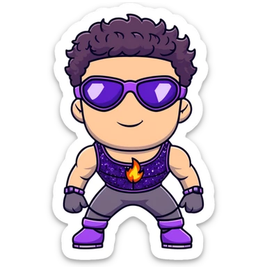 close-up of cool guy male athlete with white skin and moderately curly dark brown hair on top with shaved sides, with one purple ski goggle lens pushed up above his eyes on his forehead, with an arrogant smug smirk on his face, wearing only a plain black chain necklace around his neck, and a completely unzipped sleeveless vest with purple and black sequin fire pattern design with no logo, clearly showing he is shirtless underneath with exposed chest and abs sticker