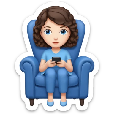 Brunette, blue-eyed woman sitting curled up in chair watching TV  sticker