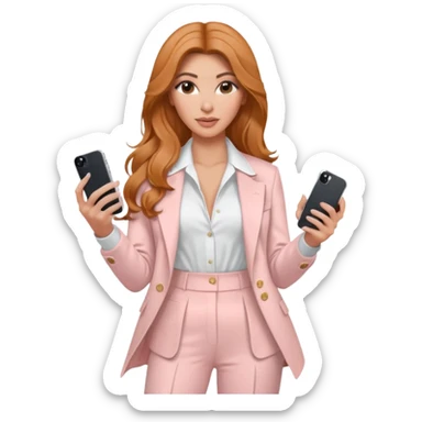 pale skin Kim Kardashian with ginger wavy long Hair, light pink  Spacious classical jacket, light pink palazzo Arrow pants and white blouse holding white IPhone 15 pro in the hands sticker