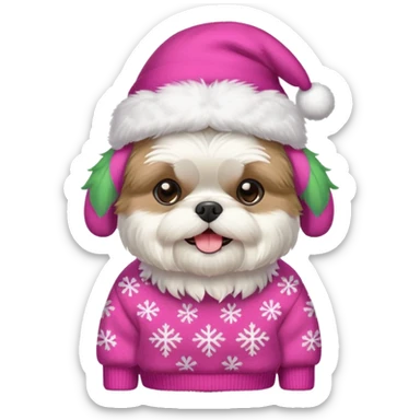 white shih tzu with pink christmas sweater and hat sticker