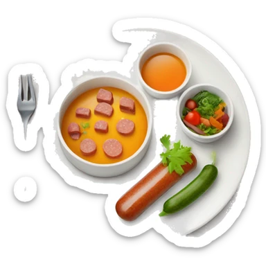 appetite lunch with soup, sausage and vegatables in the plates. Juice in glass. sticker
