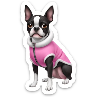 Boston terrier wearing a pink winter coat sticker