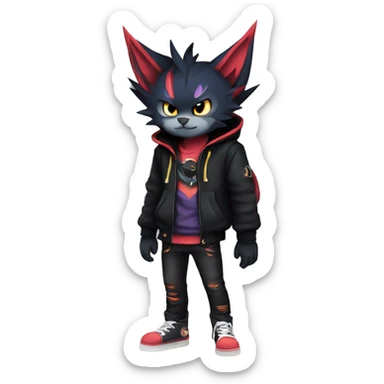 Cool Anthro Black Noibat-Quilava-Litten-Pokémon with edgy stripes hoodie spiked collar punk Full Body sticker