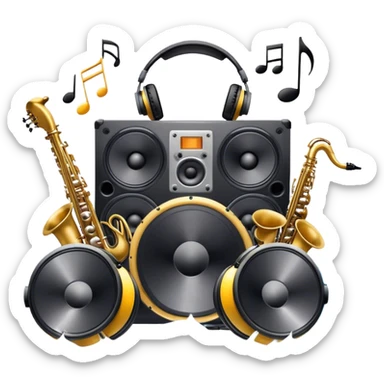 Icon for R&B Music Listening: large concert speakers and headphones with waves of musical notes coming out, along with drums, bass guitar and saxophone. The icon should convey the energetic and rhythmic vibe of R&B music. Transparent background sticker