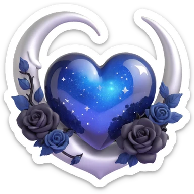 3D emoji gothic heart, midnight blue glass, silver crescent moon, tiny black roses, shimmering stardust, swirling galaxy background, glowing rune pattern, frost and ice effect sticker