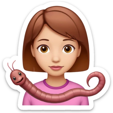 a girl light skin with brown eyes, brown short hair and a worm sticker