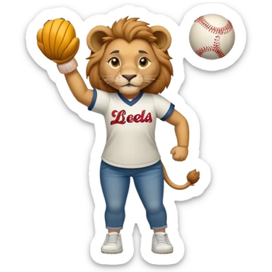 confident anthropomorphised female lion wearing a baseball shirt, jeans, and trainers, lifting an object sticker