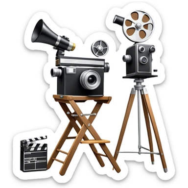 Icon for Directing: a director's chair, a large film camera, a megaphone, a stage set with lights and an Oscar statuette. The icon should represent the creative and leadership aspects of directing, with focus on film and theater production. Transparent background. sticker