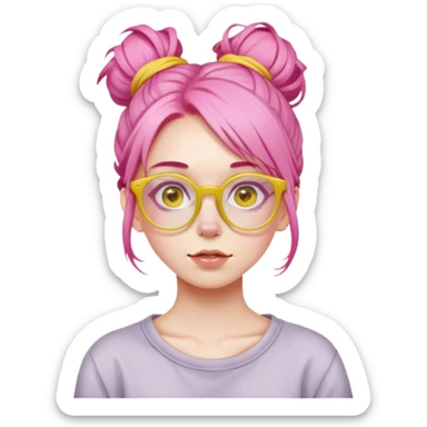 Girl with pink hair in a messy bun and yellow glasses sticker
