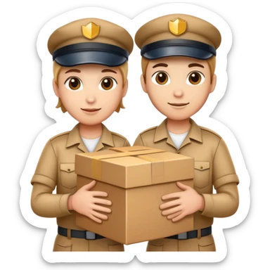 two workers in caps and uniforms holding a large box together sticker