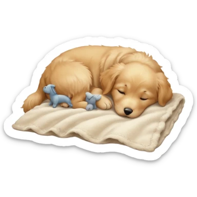 A Golden Retriever puppy sleeping peacefully on a soft blanket indoors. Cozy home environment, natural lighting, soft focus, adorable realism. sticker