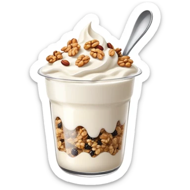 Greek yogurt cup with protein granola and chia seeds sprinkled on top sticker