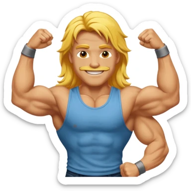 muscled happy guy flexing, long yellow hair sticker