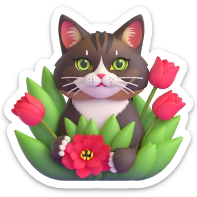 tricolor fluffy cat with big green eyes holding red tulips in her arms sticker
