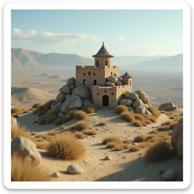 A small hilltop mesa city in the videogame dayz, screenshoot  sticker