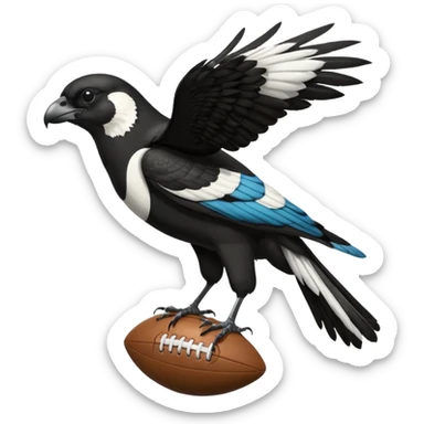 A magpie standing on top of a hawk that's tiered and the magpies holding a afl ball sticker