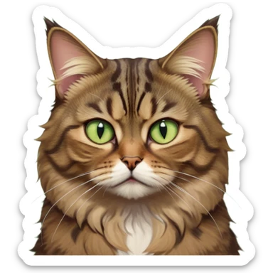 Cinematic Meme-Worthy Grumpy Brown Tabby Cat Portrait Emoji, Head held high but eyes filled with dramatic disappointment, fluffy brown fur with striking tabby markings, signature M-shaped forehead furrowed into an unmistakable scowl, large ears slightly angled back in disapproval, piercing golden-green eyes glaring with pure exasperation, Simplified yet hilariously over-exaggerated features, highly detailed, glowing with an aura of supreme annoyance, high shine, exhausted yet judgmental, stylized with an almost regal pettiness, bright but brooding, soft glowing outline, capturing the essence of a feline that has seen it all and is thoroughly unimpressed, so meme-worthy it feels like it could instantly become the next viral sensation of grumpiness! sticker