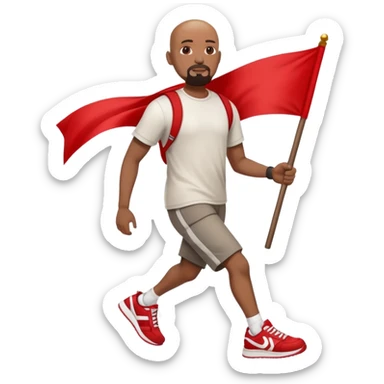 Bald black man with a white goatee in sneakers carrying a red flag sticker