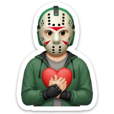 a cartoon image of Jason Voorhees, looking cute, with his hands clasped in front of him, at a sideways angle, looks like he is in love sticker