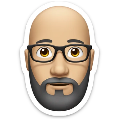 Create a bald man, long black beard with white highlights, round prescription glasses, and thin eyebrows sticker