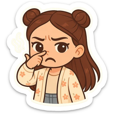 Create a chibi sticker of the girl from the reference image. She has brown straight hair in double buns, brown eyes, wearing a pastel floral cardigan and jeans. She is waving her hand in front of her nose with a disgusted expression, as if something smells bad. The sticker should have a white outline and a transparent background, 512x512px. sticker