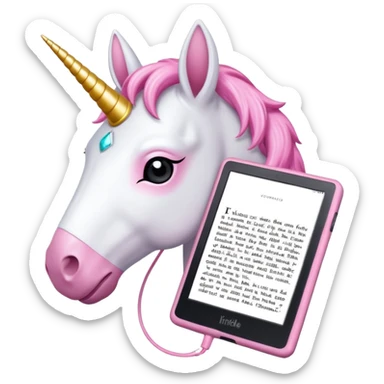 Unicorno bianco con corno rosa brillantato con sulla testa un paio di cuffie e un Amazon Kindle in mano sticker
