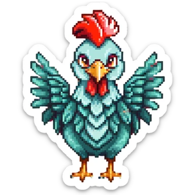 A cute blue-green rooster chicken with big eyes, red comb, small wings, skinny legs, and goofy expression sticker