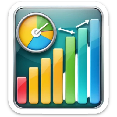 KPI dashboard icon emoji with rounded screen, glossy effect, soft shadow, colorful bar chart with blue, green, yellow bars, white line graph overlay, gradient background, vibrant colors, transparent background sticker