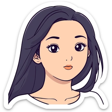 White girl with long oval shaped face, large almond shaped eyes with long eyelashes, long straight black hair falling in front of her bare shoulders, face closeup sticker