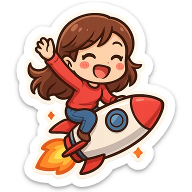 rocket emoji with a lady riding on top in a fun and dynamic pose, vibrant colors, simple background sticker