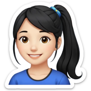An Emoji of girl with black ponytail hair, who can be described by three words: sun, moo, star sticker