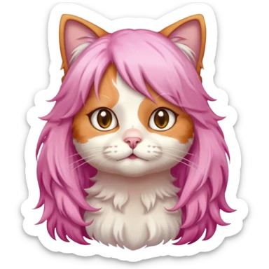 calico cat wear long pink hair wig sticker