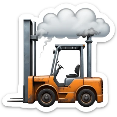 ugly, broken forklift with clouds of smoke around sticker