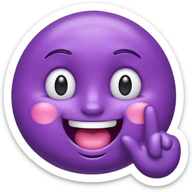 "A glossy 3D purple emoji character with shiny, reflective surface, puffed cheeks as if holding in laughter, eyes squinting mischievously, white cartoon hands — one covering its mouth and the other pointing upward with the index finger. Cute, exaggerated facial expression, smooth rounded shape,  sticker