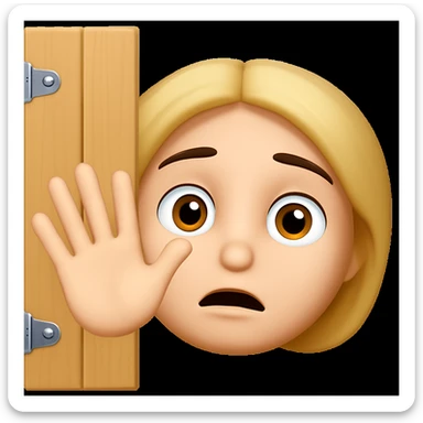 Add a hand waving to the cartoon face peeking from behind a door, front view, in emoji style. sticker