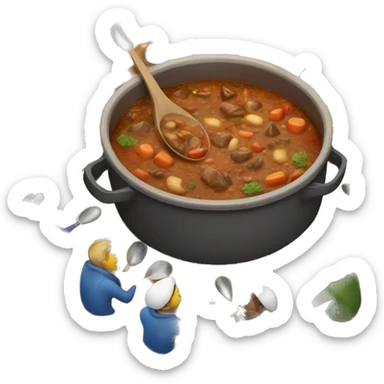 pot of stew on table with people holding long spoons surrounding said table sticker