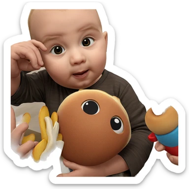 boy holding food and toy sticker