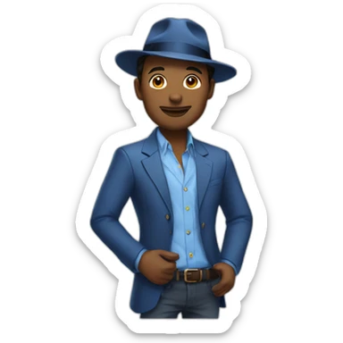 Man in blue button down shirt, blazer, fedora sticker