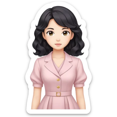 Confident kawaii anime businesswoman with beautiful black wavy hair wearing a soft feminine pastel dress, future boss lady sticker