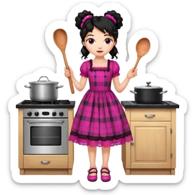 
A beautiful girl wears a fuchsia lace dress with a plaid pattern. Her long, curly black hair is styled in a messy bun. She wears accessories and holds a wooden kitchen spoon. She is standing and wearing black shoes. The illustration style is clipart. sticker