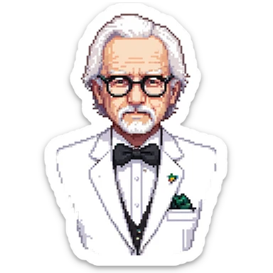 Colonel Sanders KFC, old man with white hair, white goatee, black bow tie, white suit, glasses sticker