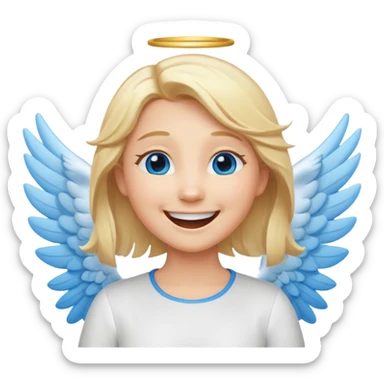 angel emoji blonde hair, blue eyes and smiling, larger wings with darker outline on them and bigger smile and more smiley eyes laughing sticker