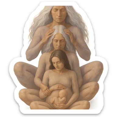 Variant: Several generations of women sitting one behind another as in the reference image, all wearing flesh-colored bodysuits. Realistic volumetric drawing with emphasis on expressive shadows and highlights, soft lighting, pastel palette including #98B5BC, #B5B3C1, #C9A3C9, #E4C0CA, #F7DCD1, #F7C0AA. Transparent background, no decoration. Composition and poses as in the reference. sticker