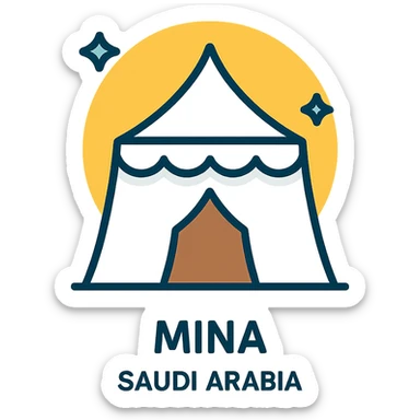 white pilgrim tent in Mina Saudi Arabia, Islamic Hajj theme, flat icon style sticker