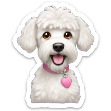 A white terrier poodle mix dog with a pink tail sticker